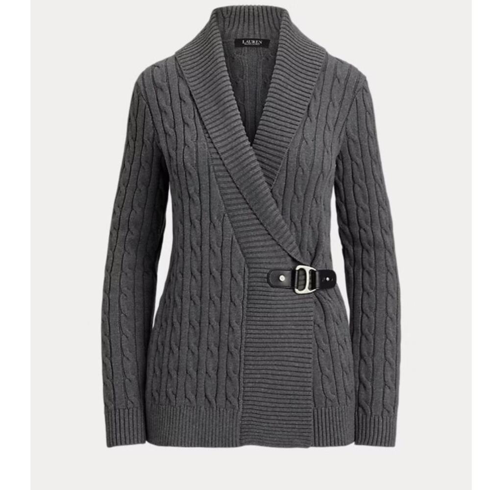 Lauren Ralph Lauren Charcoal Gray Cable Knit Buckle Cardigan Sweater XL